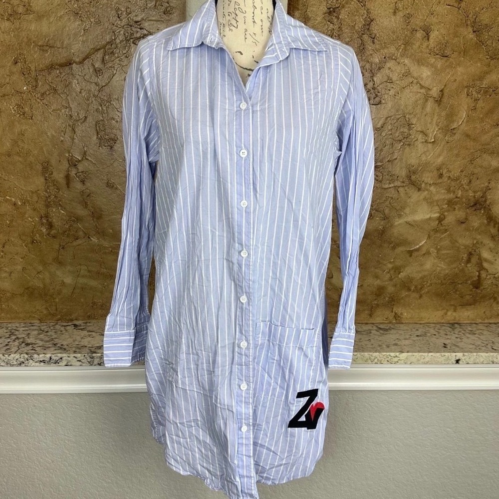 Zadig & Voltaire Rais Raye Shirt Dress M Blue Striped Parisian ZV Heart Logo